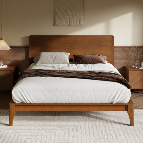 Merax King Size Bamboo Platform Bed, Mid-Century Modern Bed Frame with Tall Headboard, Wood Slat Support, No Box Spring Needed, Easy Assembly, Brown Merax