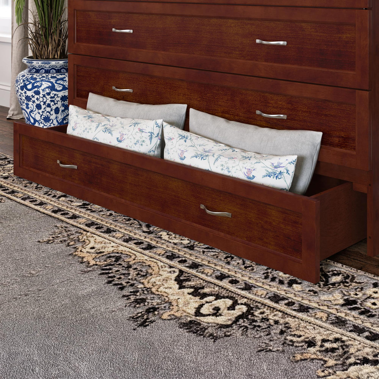 AFI, Northfield Murphy Bed Chest Queen with 6" Mattress, Storage Drawer & Built-in USB Charger, Walnut AFI