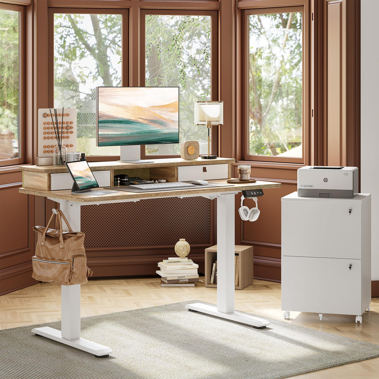 TIQLAB 48 * 24 Inch Standing Desk with Two Drawers, Stand Up Standing Desk Adjustable Height, Electric Sit Stand Desk with Storage Shelf and Splice Board, Maple TIQLAB