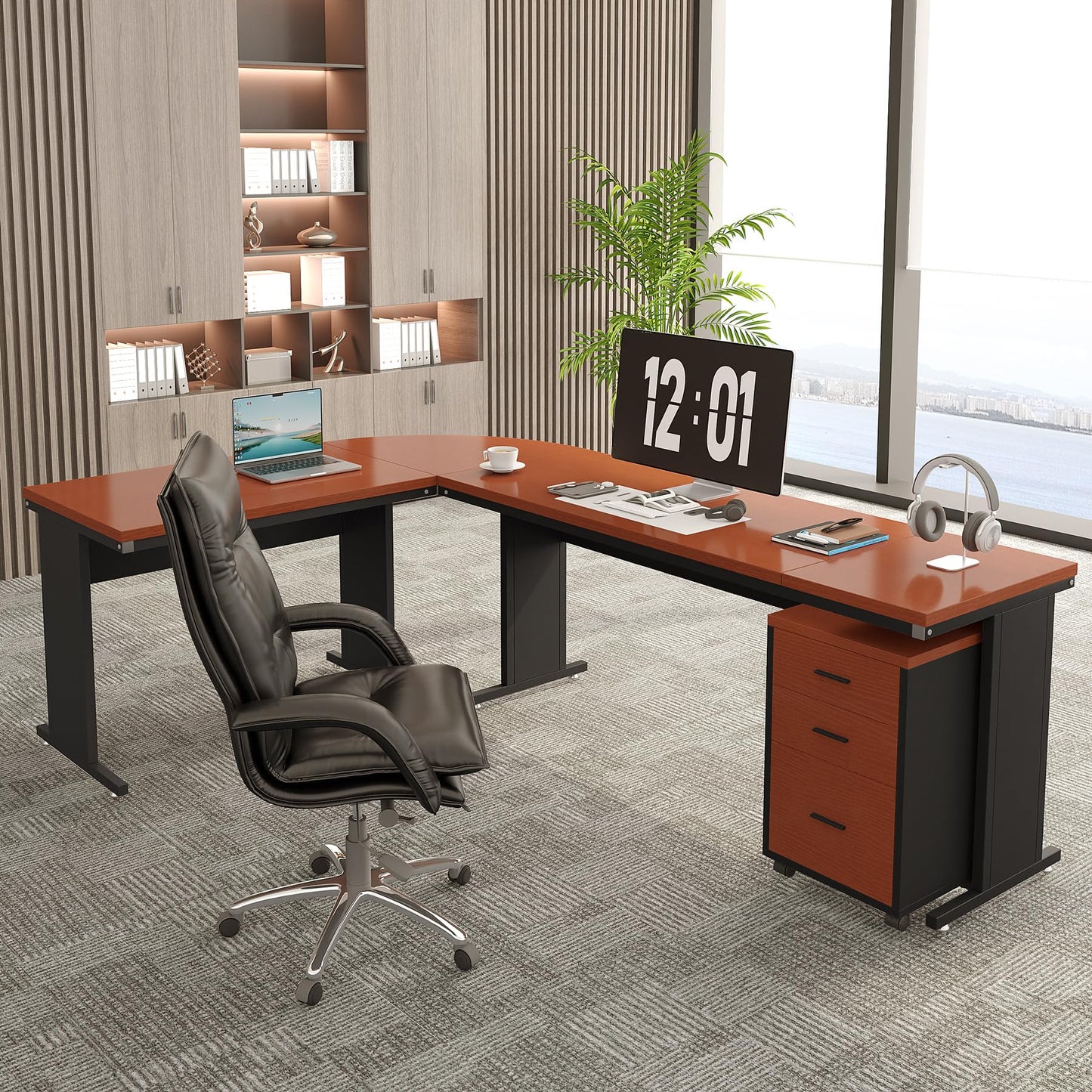 Tribesigns L-Shaped Executive Desk, Large Office Desk with 3-Drawer File Cabinet, Industrial Corner Computer Desk with Drawers, Business Furniture Desk Workstation for Home Office (Dark Walnu - WoodArtSupply