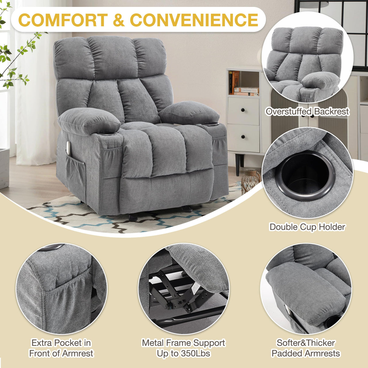 Massage Recliner Chair, Overstuffed Rocker Lazy Boy Chairs with Vibration&Gently Heat,Fabric Ergonomic Manual Nursery Chair for Living Room with Side Pocket, 2 Cup Holders&USB Charge Port, Grey KRESTLUX