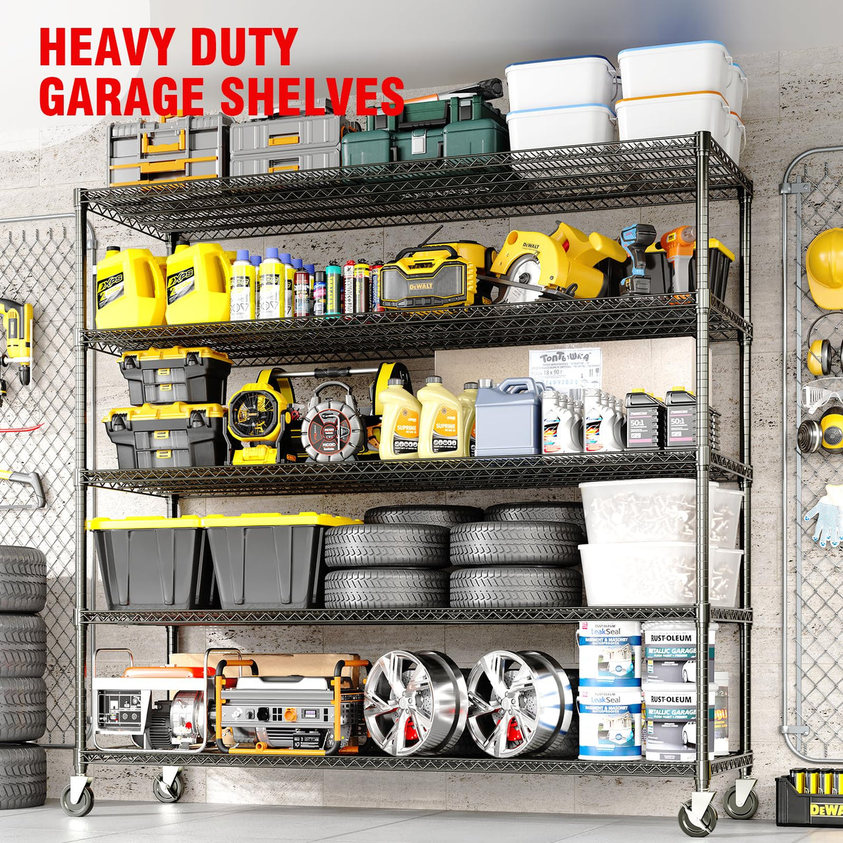 Garvee Heavy Duty 82" H Storage Shelving Units, 3300LBS 5-Tier Metal Shelves with Wheels & Feet, Large Adjustable Wire Shelving Organizer Rack for Garage, Pantry Rooms & Commercial, 59" W x 23.6" D Garvee