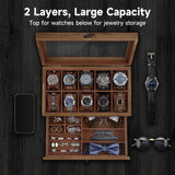 GALHUBIS Watch Box with 10 Slots, 2-Tier Watch Case for Large Dial Watches, Watch Display Case with Lid, Removable Watch Pillows, Gifts for Men Women, Watch Organizer with Drawer, Jewelry Box, Walnut GALHUBIS