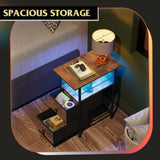 WLIVE Narrow Side Table with Charging Station, End Table with LED Lights,2 Fabric Drawers and Open Shelf, Bed Side Tables Living Room, Small Spaces, Bedroom, Night Stand with Charger Station WLIVE