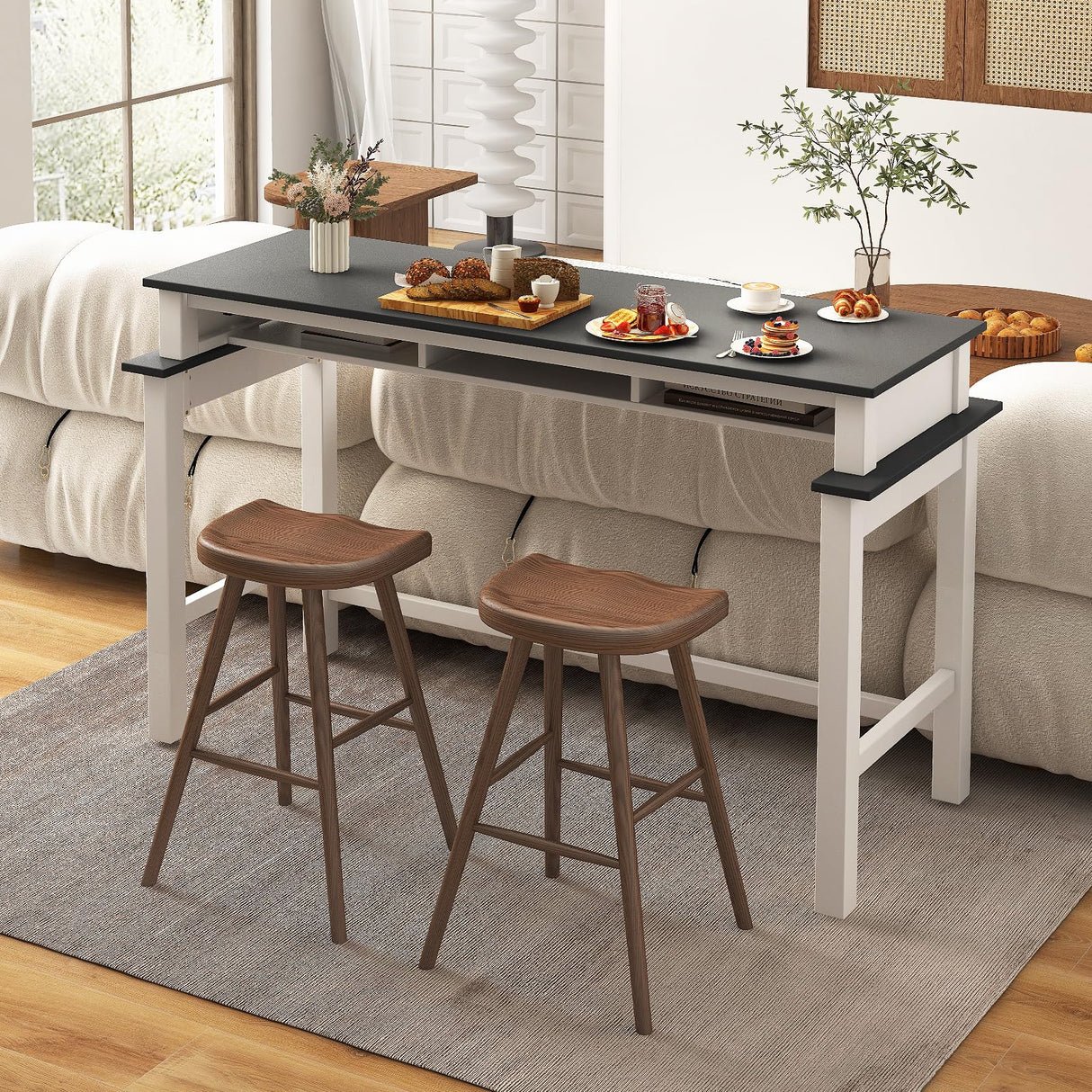 Giantex White and Grey Counter Height Bar Table with Power Outlets and Storage Compartments Giantex