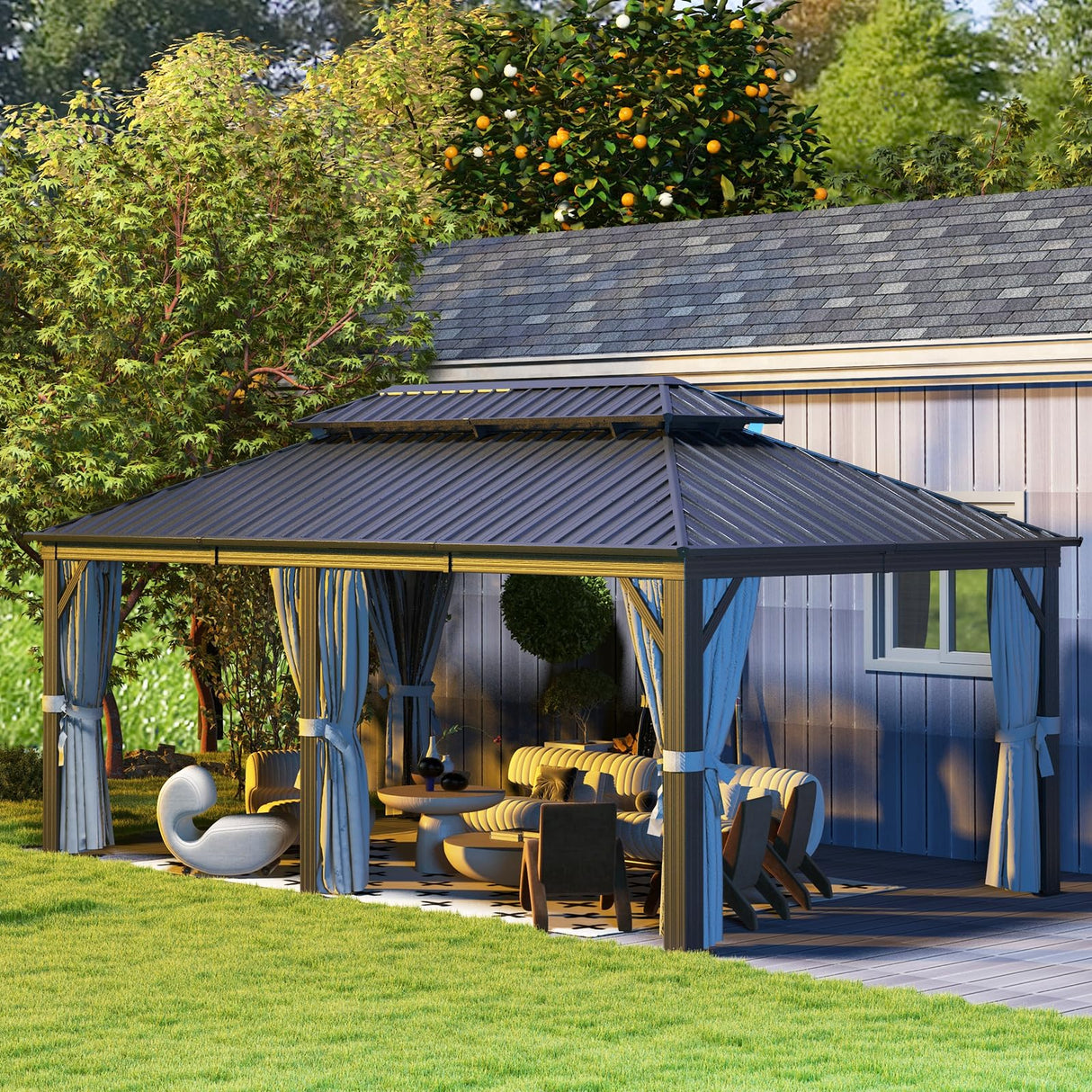 Aoxun Hardtop Gazebo 12FT X 20FT, Galvanized Steel Double Top, Aluminum Metal Gazebo with Netting and Curtains, Permanent Gazebo Pavilion for Outdoor Dining, Wedding, Party Aoxun