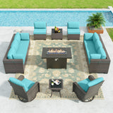 Kullavik 13 Pieces Outdoor Patio Furniture Set with 55000BTU Gas Propane Fire Pit Table,PE Wicker Rattan Sectional Sofa Patio Conversation Sets,Swivel Rocking Chairs Set,Blue Kullavik