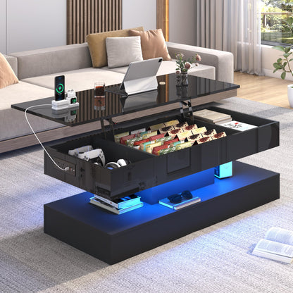 47.2" Large Lift Top Coffee Table,Modern High Glossy LED Coffee Tables for Living Room with Storage,Black Living Room Tables for Living Room,Dining Room,Bedroom Home Office,APP LED Lights（Black）