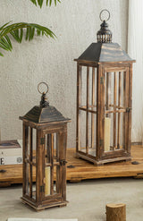 Large Farmhouse Wooden Decorative Lantern Set of 2, Rustic Distressed Brown Burnt Wood Floor Candle Lanterns, Indoor/Outdoor Hanging Lanterns for Home Decor (No Glass) TIMRIS