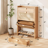 INNOD Rattan Shoe Storage Cabinet, Shoe Organizer with 2 Flip Drawers, Narrow Shoe Cabinet, Free Standing Hidden Shoe Storage, Shoe Rack for Entryway/Hallway/Closet, Natural Oak INNOD