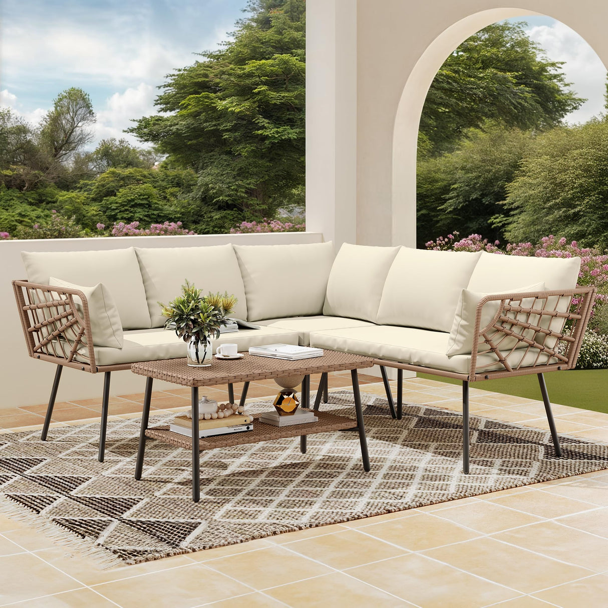 DWVO Outdoor Sectional Sofa Set 4 Piece 5-Seater Rattan Patio Furniture Set with 2-Tier Coffee Table&Cushions L Shape Outdoor Couch Boho Conversation Set for Garden Porch Backyard Relaxation DWVO