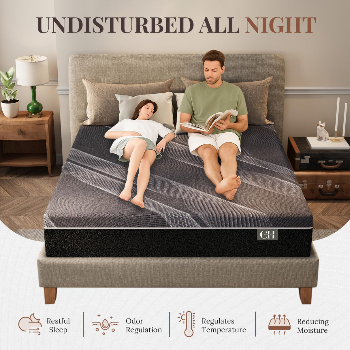 CH CHARME HOUSE 12 Inch King Mattress, Bamboo-Charcoal Memory Foam Mattress, Cooling & Pressure Relief, Bed in a Box, Foam Made in USA & CertiPUR-US Certified, 76"x80"x12", Black CH CHARME HOUSE