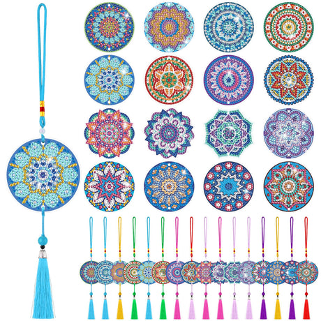 Saillong 16 Pcs Diamond Art Car Ornaments Mandala Diamond Painting Kit Ornament for Car Hanging Suncatchers Charm for Rear View Mirror Double Sided Painting Crystal Gem Garden Decoration Paint DIY Kit Saillong