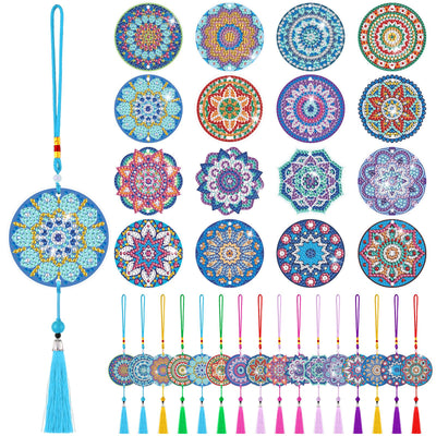 Saillong 16 Pcs Diamond Art Car Ornaments Mandala Diamond Painting Kit Ornament for Car Hanging Suncatchers Charm for Rear View Mirror Double Sided Painting Crystal Gem Garden Decoration Paint DIY Kit