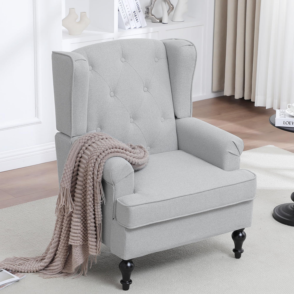choairy Accent Chair for Living Room, Mid Century Modern Wingback Chair, Upholstered Fabric Armchair with High Back and Vintage Legs, Comfy Single Sofa Side Reading Chairs for Bedroom, Light Grey choairy
