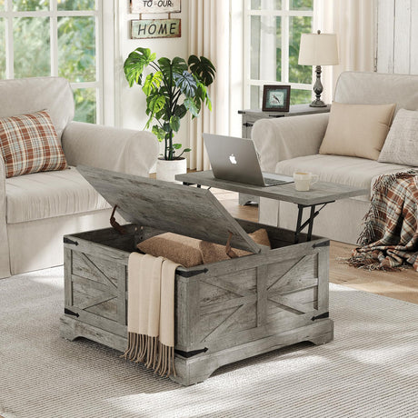 furomate Farmhouse Lift Top Coffee Table, Square Wood Center Table with Large Hidden Storage Compartment for Living Room, Rustic Modern Table with Hinged Lift Top, Oak Grey furomate