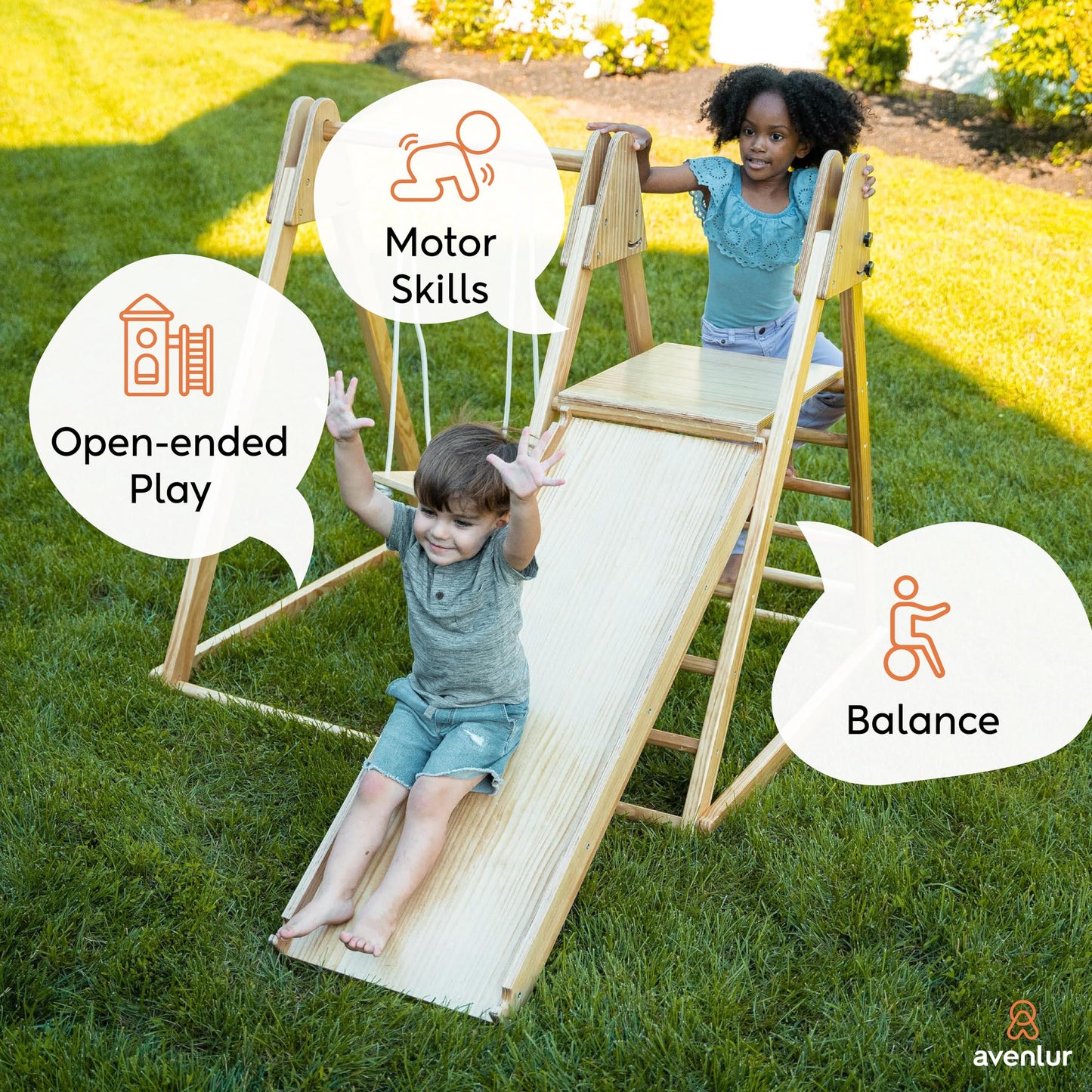 Avenlur 4-in-1 Juniper Outdoor Play Gym - Jungle Gym Playset with Baby Swing, Slide, Ladder, and Climbing Wall - Foldable Wooden Playset - Outdoor Jungle Gym for Kids Ages 18mo to 6yrs - WoodArtSupply