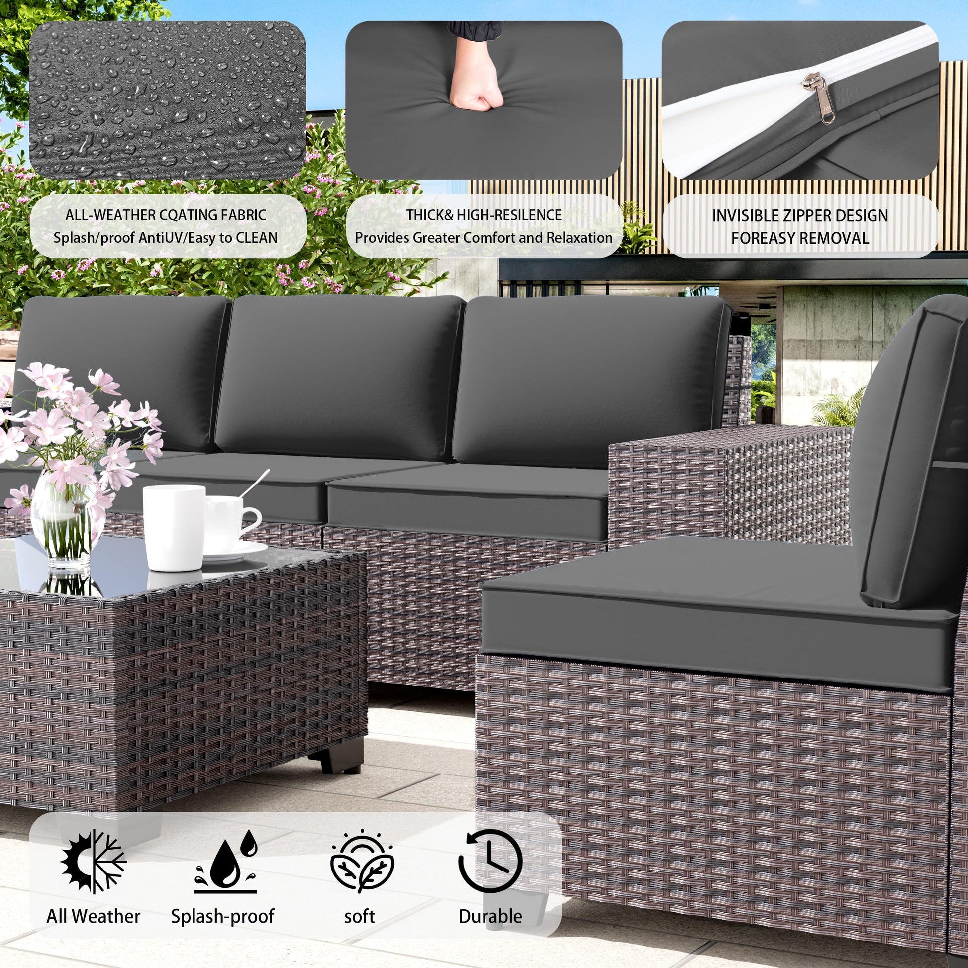 RTDTD Outdoor Patio Furniture Set, 12 Pieces Outdoor Furniture All Weather Patio Sectional Sofa PE Wicker Modular Conversation Sets with Coffee Table,10 Chairs & Seat Clips Grey - WoodArtSupply