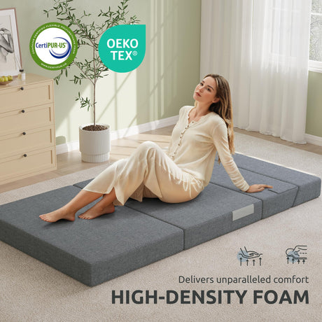 Youzi Folding Sofa Bed, Foldable Mattress for Bedroom and Living Room, 6 Inches Single Four-fold Floor Sofas for Guests, Sofa Bed Chair Floor Mattress with Washable Cover, Dark Gray, 75" x 25" x 6" Youzi