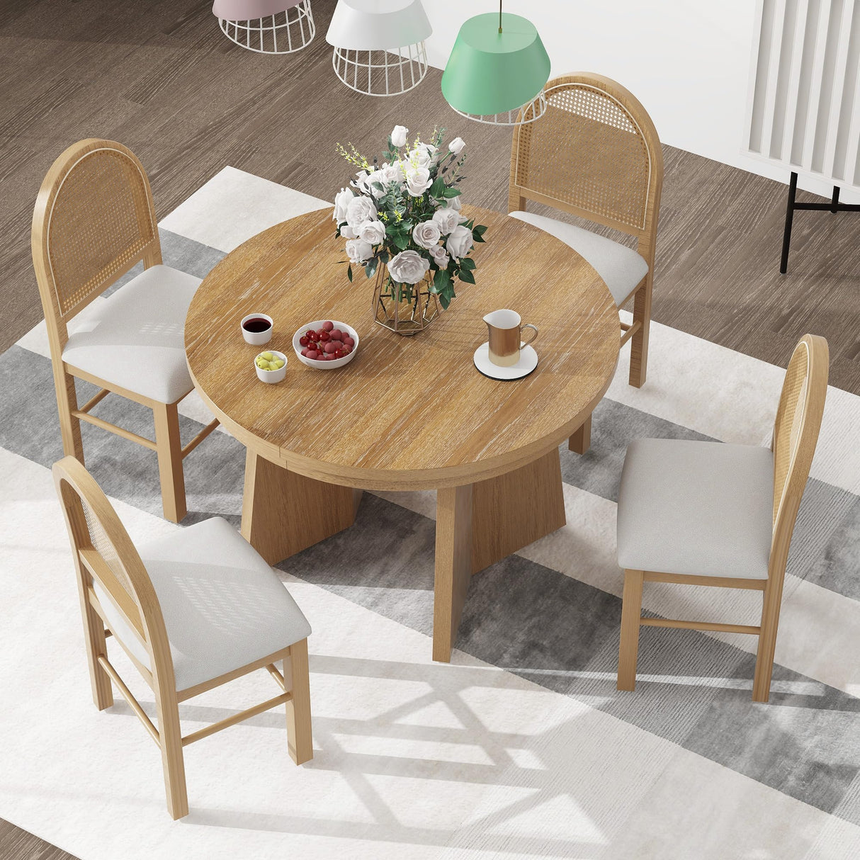 VilroCaz 5-Piece Retro Functional Dining Set, Solid Wood Extendable Dining Table with 4 Upholstered Chairs and Rattan Backrests, Round Dining Table Set for Dining Room Kitchen (Natural-7.7) VilroCaz