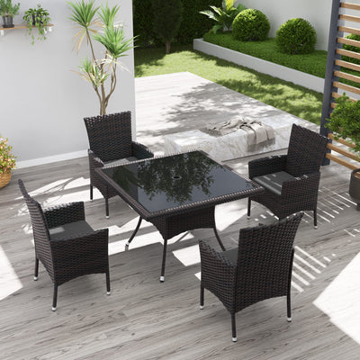 Kurapika 5-Piece Patio Furniture Outdoor Dining Set, Wicker Rattan Patio Dining Table and 4 Chairs Set, Square Tempered Glass Tabletop with Umbrella Hole, for Patio, Backyard, Grey