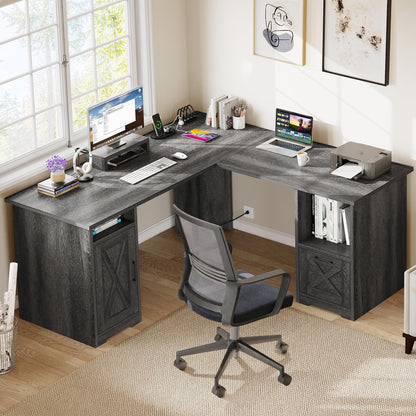 YITAHOME L Shaped Desk with Power Outlets, 60 Inch Computer Desk Corner Desk with File Drawer, Home Office Desk with Monitor Stand & Storage Shelves, L-Shaped Desk with File Cabinet, Grey - WoodArtSupply