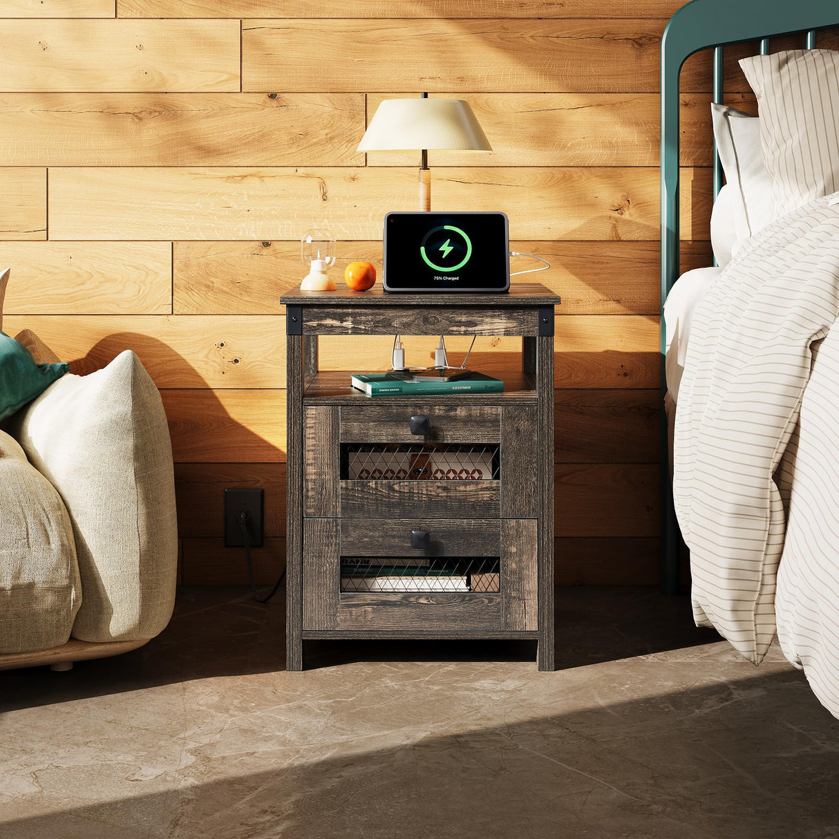 WLIVE Night Stand with Charger Station, End Tables Bedroom, Living Room, Side Table with 2 Wooden Storage Drawers, Farmhouse Nightstand with USB Ports and Outlets, Dark Rustic Oak WLIVE