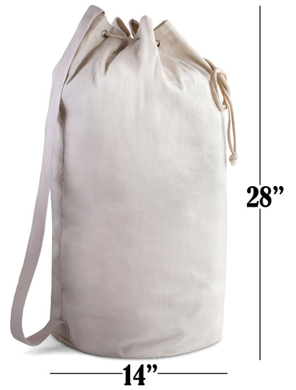 Handy Laundry Canvas Duffel Bag - Drawstring, Leather Closure, Shoulder Strap.