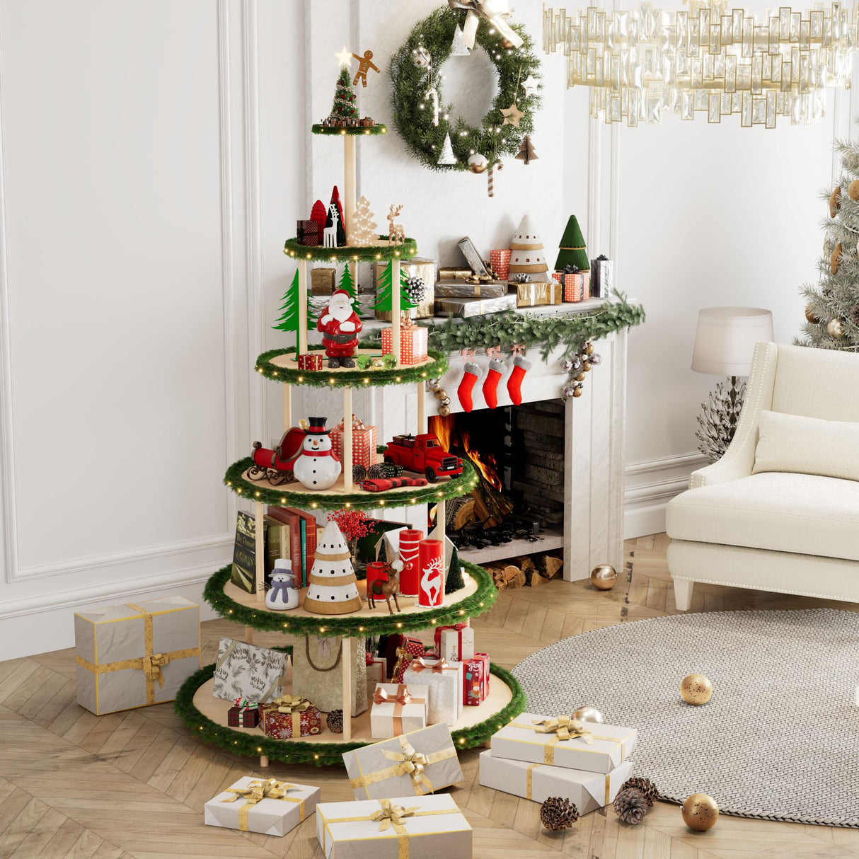 Annzoe 6-Tier 72-Inch Christmas Village Display Stand - Wooden Tree-Style Bookshelf for Holiday Ornaments, Easy Assembly No-Tools-Needed Holder Annzoe