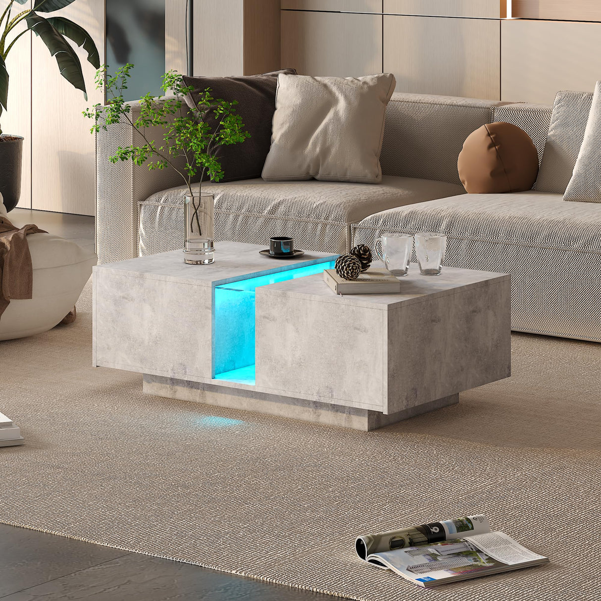 HedoAjim Grey Led Coffee Table for Living Room, Rectangular Living Room Table with Storage, Acrylic Coffee Tables with 2 Sliding Drawers, Wood Center Table for Reception Dinning Room HedoAjim