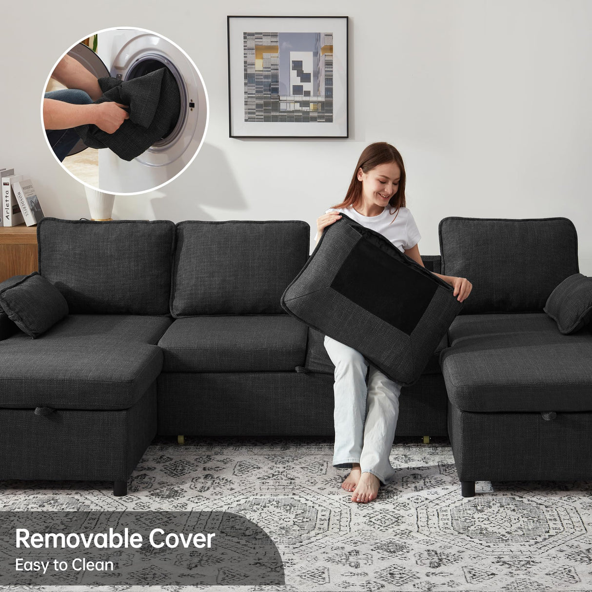 DURASPACE Sofa Bed Pull Out Couch Sleeper with Double Storage Chaise, U Shaped Convertible Sectional Sleeper Sofa for Living Room with USB Charging Ports, Cup Holder (Dark Gray) DURASPACE