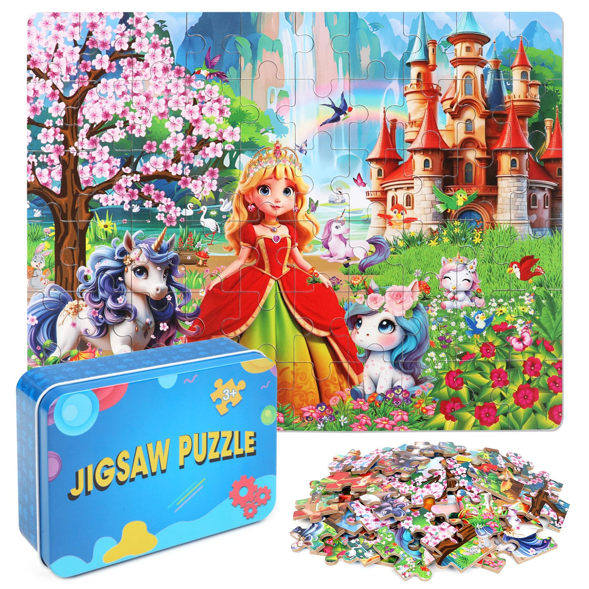 LELEMON 60 Pieces Jigsaw Puzzles for Kids Ages 4-8 Princess and Unicorns Puzzles Boys Girls Children Learning Educational Puzzles Portable Box Pack Toy LELEMON