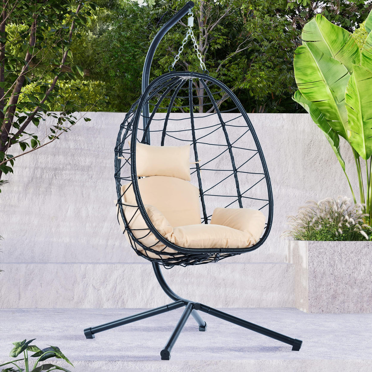 Hanging Egg Chair with Stand Wicker Egg Chair Indoor Outdoor Swing Basket Egg Chairs with UV Resistant Removable & Washable Cushions,350LBS Capacity for Bedroom Porch BRIGHTREE