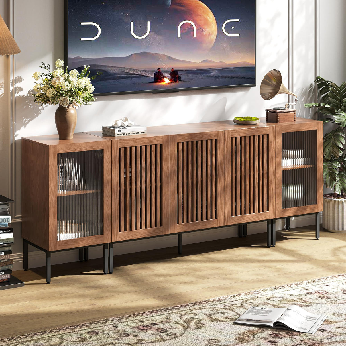 BVIUNTWO Farmhouse TV Stand for TVs up to 85 Inch, Entertainment Center TV Console with Storage Cabinets and Glass Doors,Media Console for Living Room, Brown BVIUNTWO