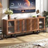 BVIUNTWO Farmhouse TV Stand for TVs up to 85 Inch, Entertainment Center TV Console with Storage Cabinets and Glass Doors,Media Console for Living Room, Brown BVIUNTWO