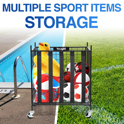 YES4ALL Rolling Ball Cart Storage with Lockable Wheels Volleyball Basketball Holder, Toy Balls Bin, Garage Cage, Storage Racks, Sports Equipment Organizer, Ball Rack for Outdoor Indoor Use