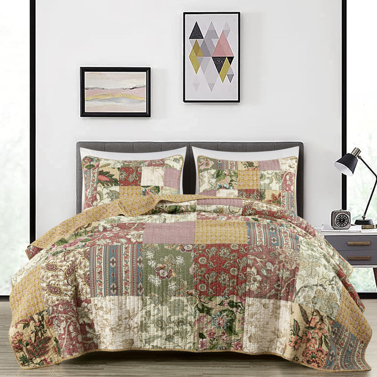 Chezmoi Collection Delaney 3-Piece Floral Patchwork Pre-Washed 100% Cotton Quilt Set, King Chezmoi Collection