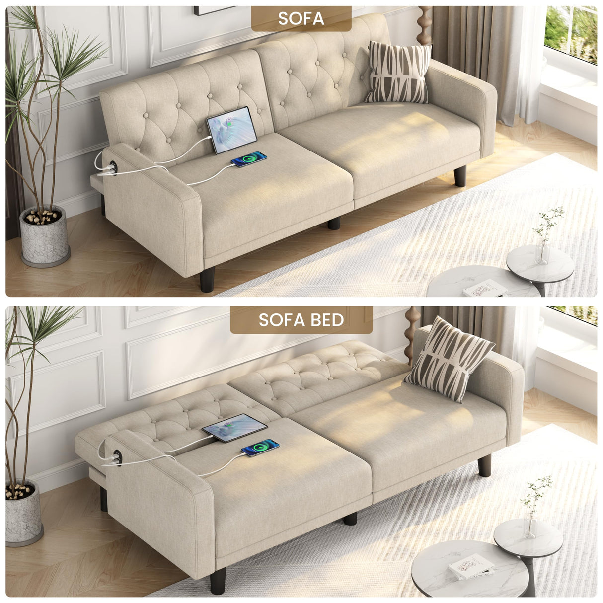 Yaheetech 63" Convertible Couch Small Futon Sofa Bed with 2 USB Ports, Reclining Backrest & Removable Armrests, Mid Century Modern Loveseat for Living Room, Apartment, Office, Beige Yaheetech