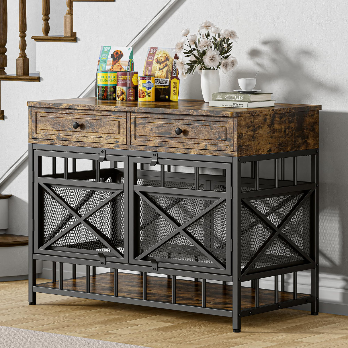 IRONCK 44 inch Large Dog Crate Furniture, Wooden Dog Kennel with Storage Drawers for Medium/Large Dogs, Decorative Dogs Kennel Indoor, Rustic Brown IRONCK