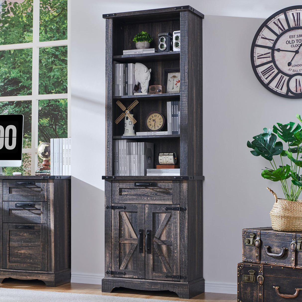 RedLemon 72" Tall Dark Rustic Oak Bookshelf with Storage Cabinet and Adjustable Shelves RedLemon