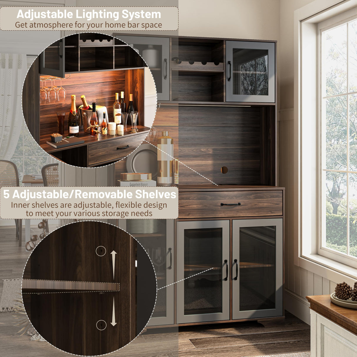 Fatmok Kitchen Pantry Cabinet, 71" Tall Liquor Cabinet with Glass Doors, Adjustable Shelves, Drawer, Coffee Bar Wine Cabinet with LED Lights, Power Outlet & Wine Rack, Buffet Cabinet with Storage Fatmok