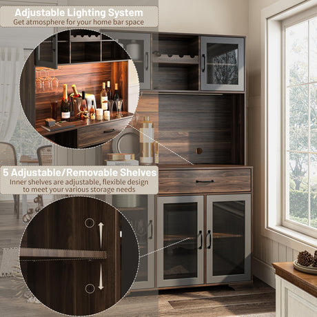 Fatmok Kitchen Pantry Cabinet, 71" Tall Liquor Cabinet with Glass Doors, Adjustable Shelves, Drawer, Coffee Bar Wine Cabinet with LED Lights, Power Outlet & Wine Rack, Buffet Cabinet with Storage Fatmok