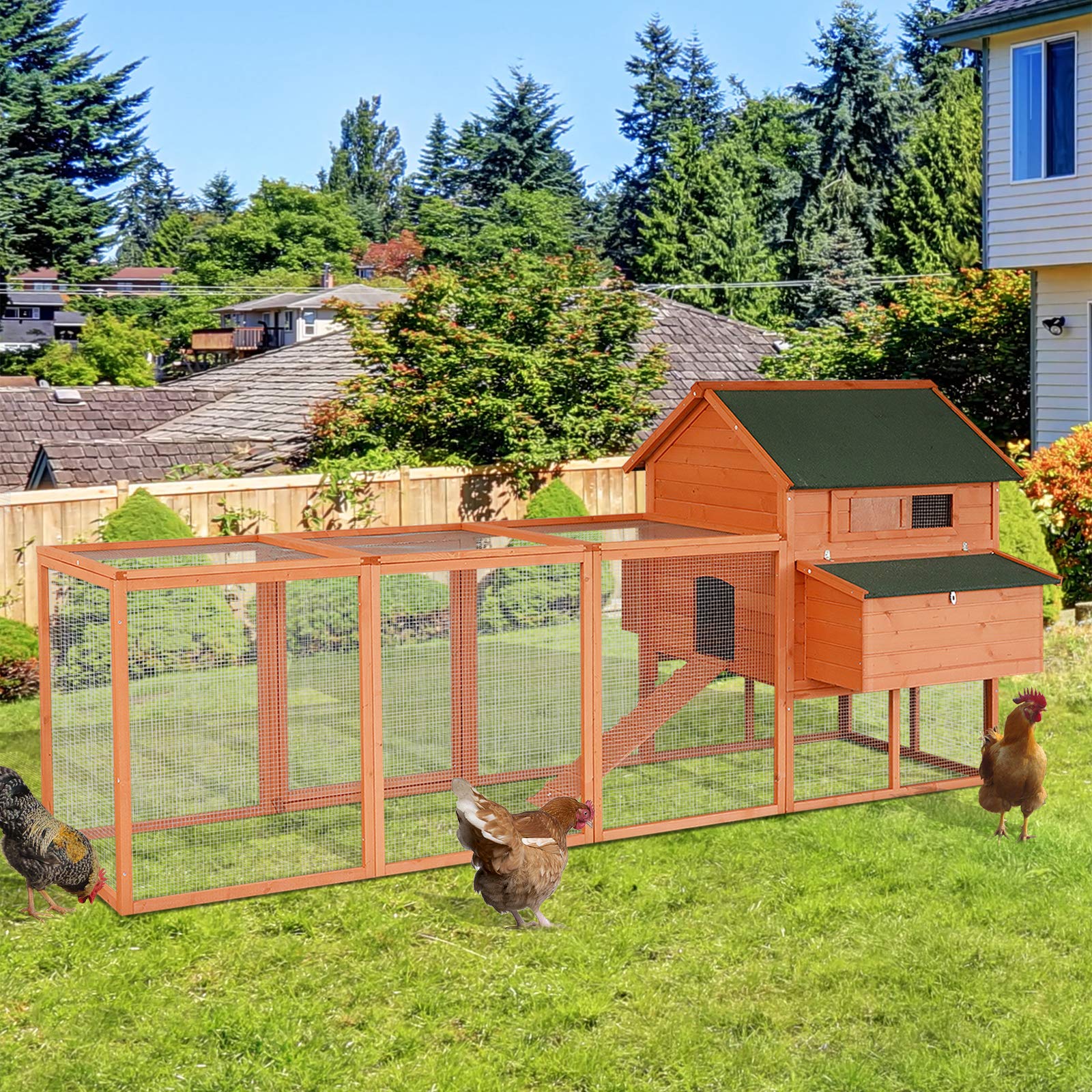 PawHut 137" Chicken Coop for 8-10 Chickens, Large Chicken House, Wooden Poultry Hen Cage with Nesting Box and Run for Backyard, Orange - WoodArtSupply