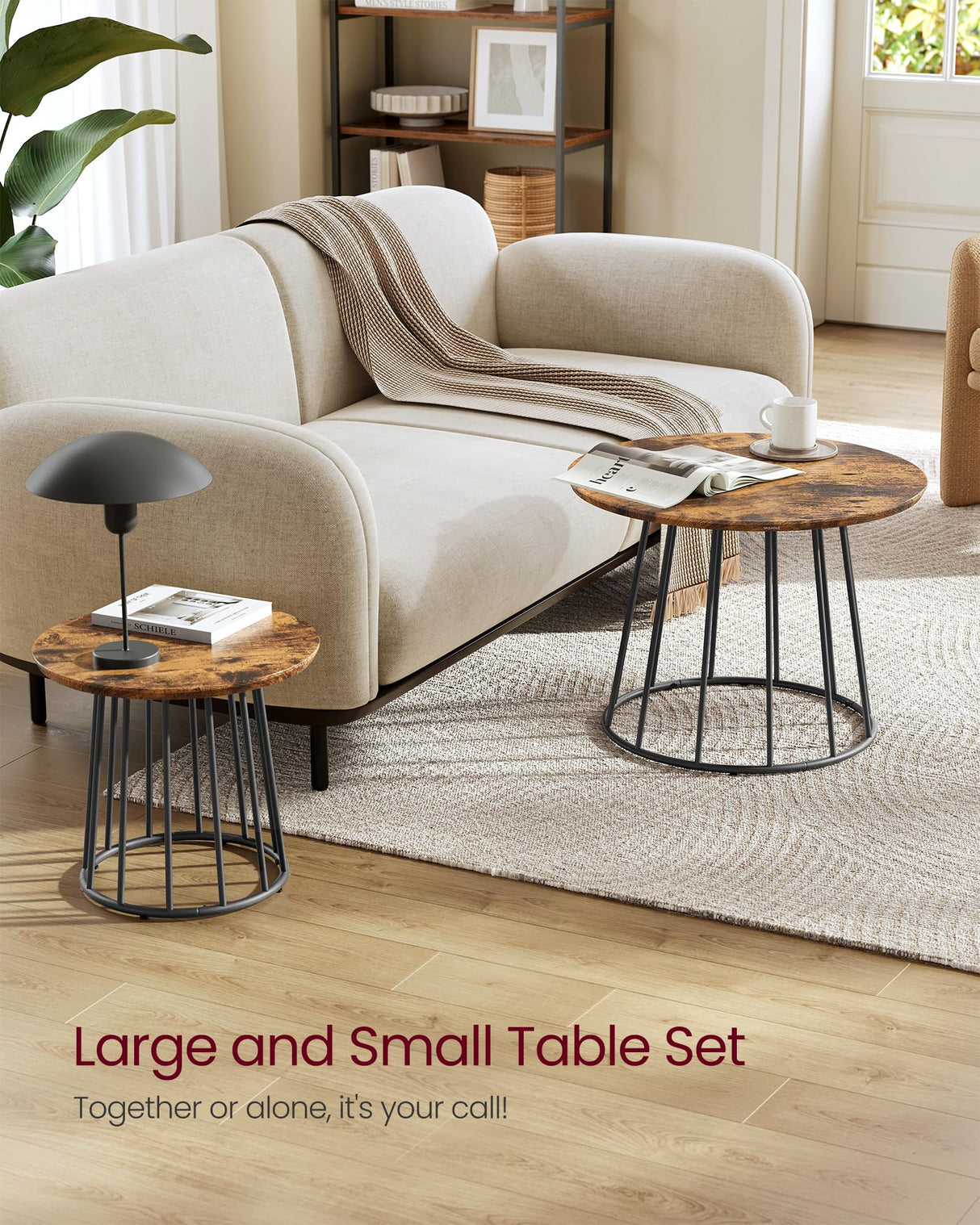 VASAGLE Round Coffee Tables, Set of 2, Modern Circle Side Tables with Steel Frame, for Living Room, Bedroom, Rustic Brown ULCT045K01 VASAGLE