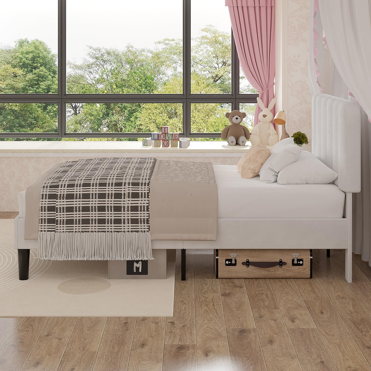 VECELO Twin Size Bed Frame with Upholstered Headboard, Velvet Platform Bedframe Mattress Foundation, Strong Wood Slat Support, No Box Spring Needed,White VECELO