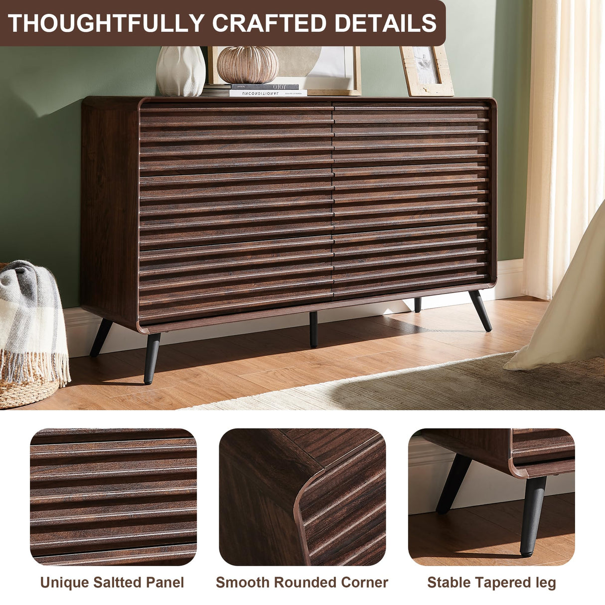 RedLemon 6 Drawers Dresser for Bedroom, 54'' Wide Mid Century Modern Wood Fluted Double Dresser, Chest of Drawers with Tapered Leg for Bedroom, Living Room, Hallway, Closet, Dark Walnut RedLemon