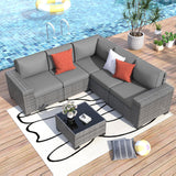 Poteban 6 Pieces Patio Furniture Set, Wide Arm Outdoor Patio Sectional Couch Set, All Weather Wicker Rattan Conversation Set w/Cushions and Glass Table and Waterproof Cover, Grey & Grey Poteban