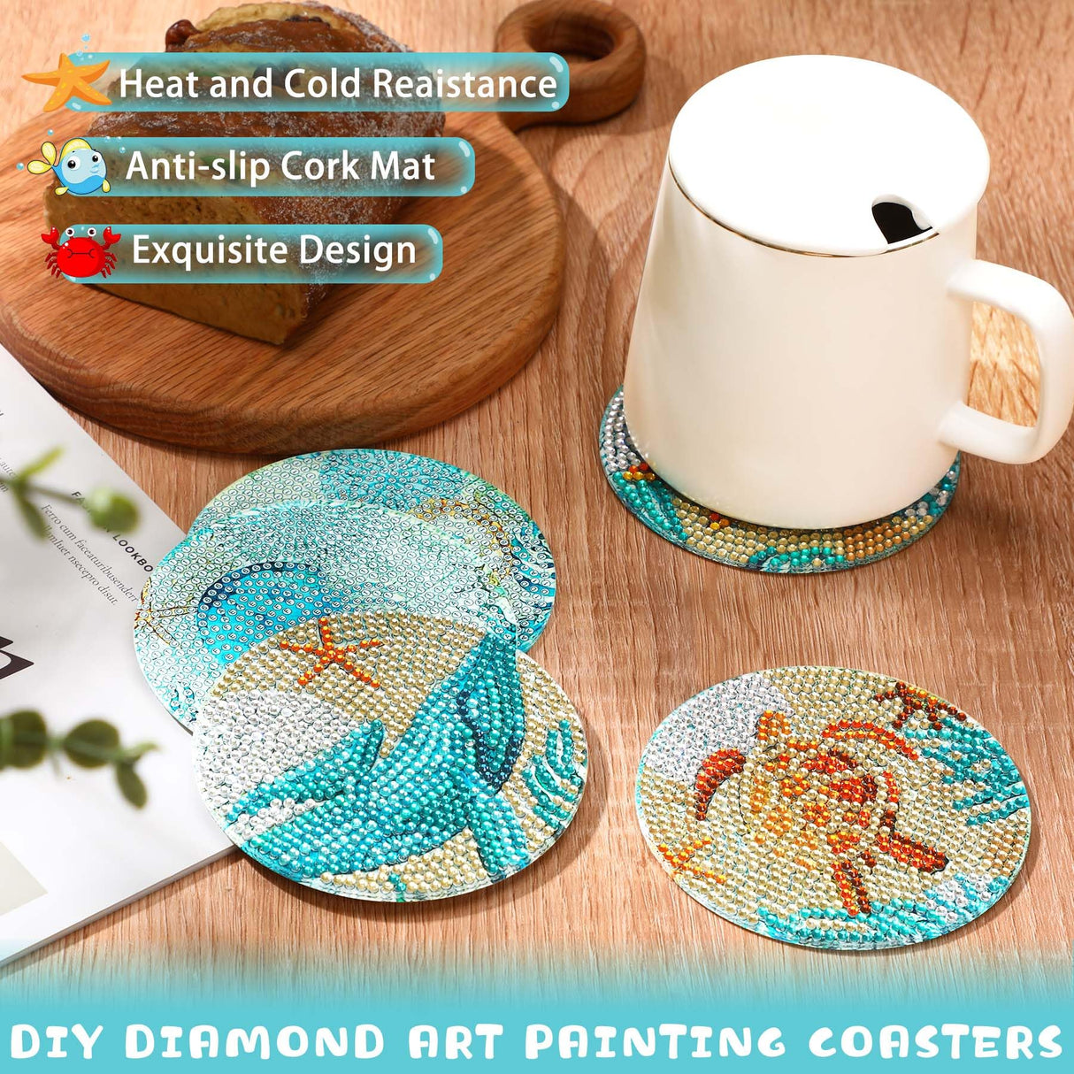 UPINS Ocean Diamond Art Painting Coaster Kit, 8Pcs DIY Crafts Kit with Holder, Non Slip Coaster Art Supplies for Adults, Ideal Christmas Gift UPINS