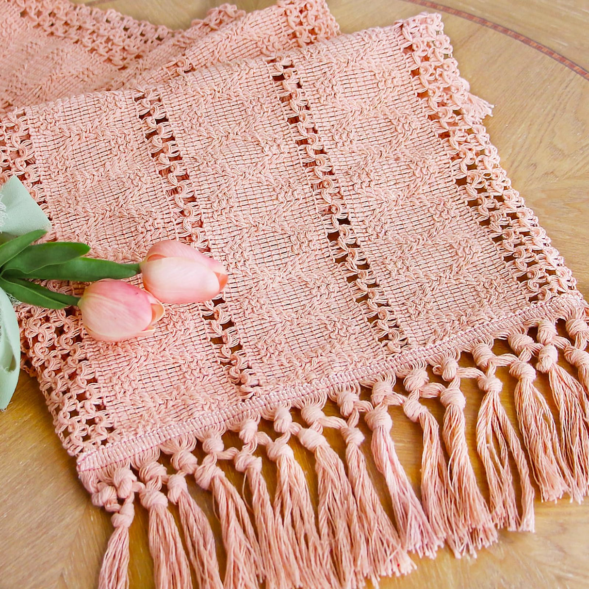 FEXIA Pink Table Runner 72 Inches Long Boho Macrame Table Runner for Summer Pink Room Decor Farmhouse Table Runner with Tassels for Dining Bedroom Decor Rustic Bridal Shower (12x72 Inches) FEXIA