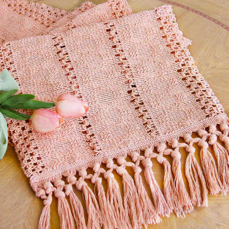 FEXIA Pink Table Runner 72 Inches Long Boho Macrame Table Runner for Summer Pink Room Decor Farmhouse Table Runner with Tassels for Dining Bedroom Decor Rustic Bridal Shower (12x72 Inches) FEXIA